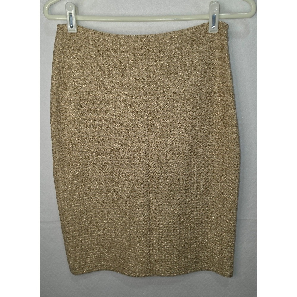 St. John Collection Gold Metallic Knit Pencil Skirt Tweed Wool Blend Size 2